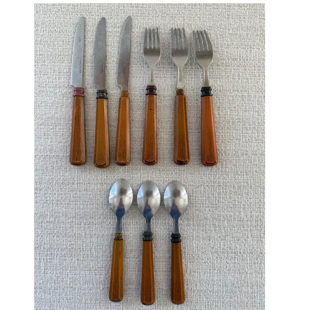 Vintage Butterscotch Bakelite Style Stainless Steel Flatware 9 pcs 3 Sets